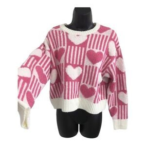 Pink white colorblock puffy pink white hearts long sleeve sweater size small new